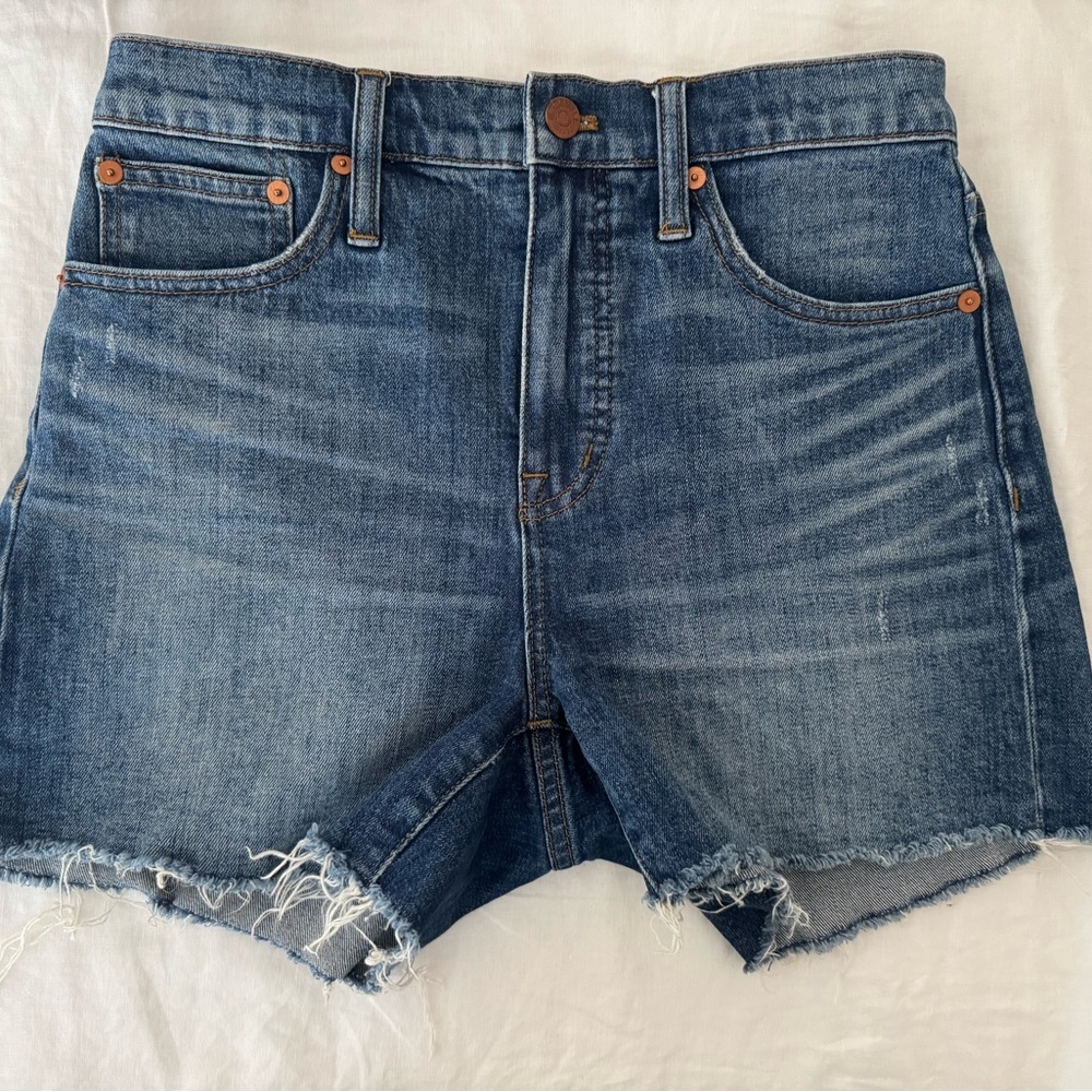 Madewell Medium Blue High-Rise Distressed Denim Shorts